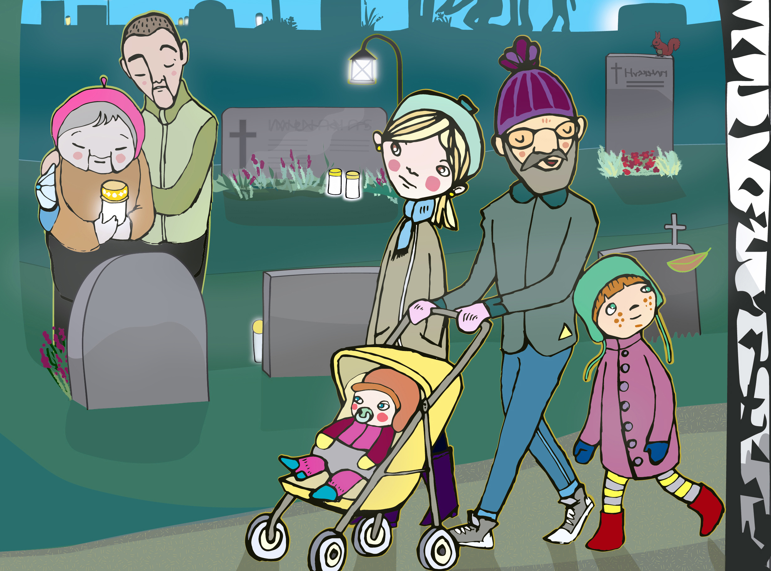 Piirroskuva, jossa nainen ja mies kävelevät hautausmaalla lapsen kanssa ja työntävät rattaita, joissa on to...